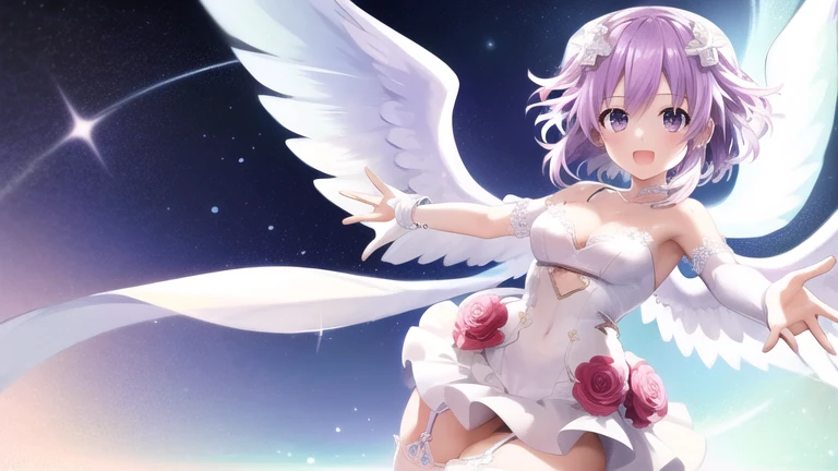 masterpiece, 1 girl, nepdef1, God-like, highest quality, figure, Super detailed, 1 girl, looking at camera, full body figure, detailed hair white flowers, Super detailedなマッチングパープルアイ, full very skimpy wedding dress, cleavage, stunning full background, Are standing, perfect body, short hair, cute, cute, shiny skin, smile, angel wings, sexy
