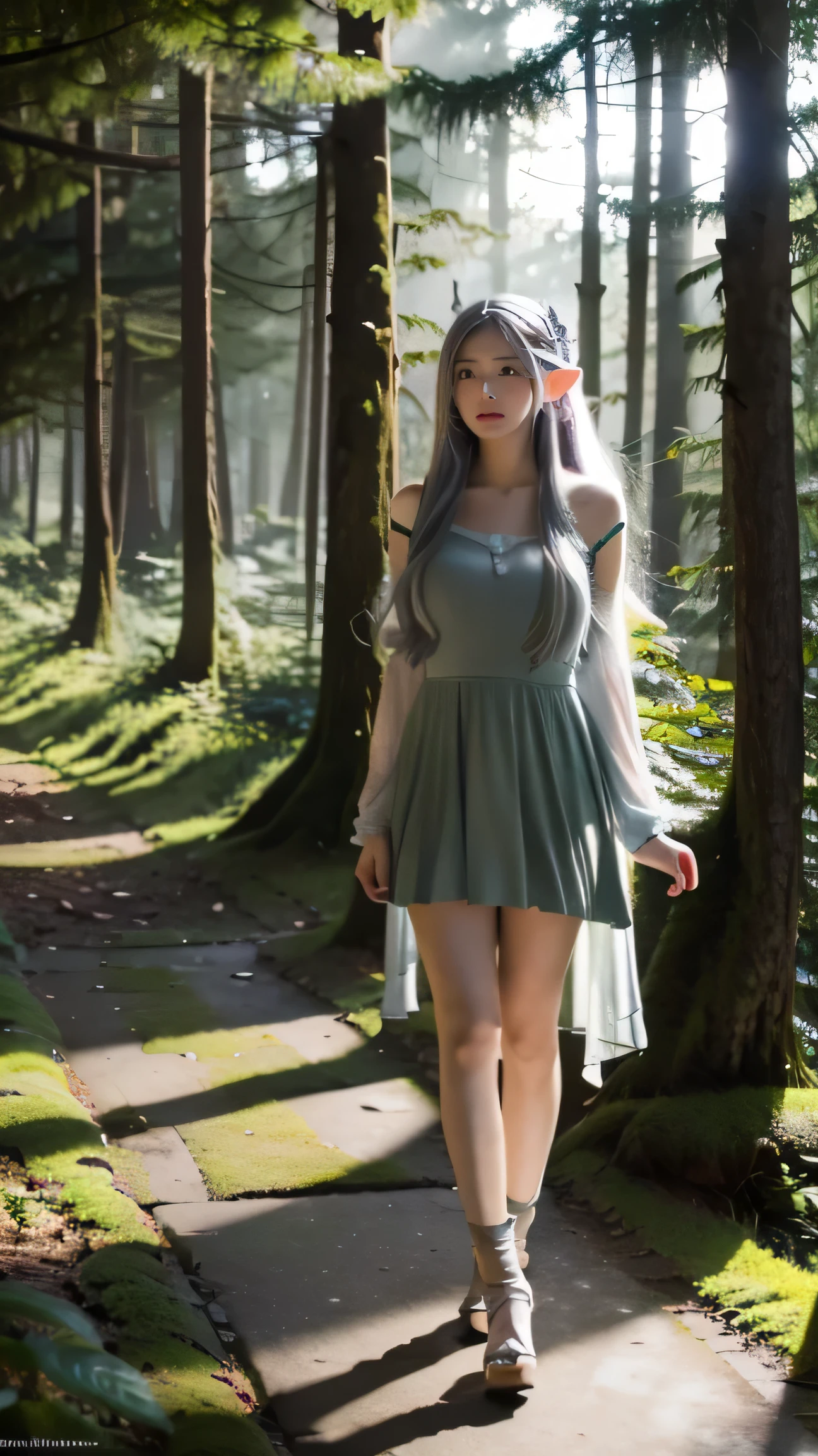 High resolution, masterpiece, highest quality, Super detailed 8K wallpaper, very clear, Majestic panoramic view:1.3, (detailed beautiful face):1.2, , multicolored hair, (silver)hair, full body, 1 girl, alone, , He's looking at us,Dense forest, Sunlight filtering through the canopy, Mystical ambiance of the forest, elf woman, elf ears, fairy,