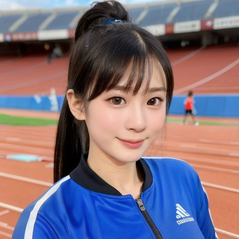 (kawaii 24 year-old Japanese girl, perfect athlete body, Nogizaka idol, Korean idol), (glossy black hair, high ponytail:1.3), bangs, (rounded face, single eyelid, no makeup, soft smiling:1.2), (wearing track suit:1.3), (flat chest), (looking at viewer:1.2), BREAK, (track and field stadium background, summer daytime, sunshine from forward:1.3), (dynamic angle:1.3), BREAK, (masterpiece, best quality, photo realistic, official art:1.4), (UHD, 8K quality wallpaper, high resolution, raw photo, film grain:1.2), (shiny skin), professional lighting, physically based rendering, award winning, (perfect anatomy, highly detailed skin textures, extremely detailed face and eyes, well drawn glittering pupils), Carl Zeiss 85 mm F/1.4, depth of field, 1girl, solo,