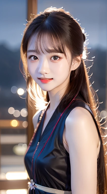 table top, highest quality, 8K, , Raw photo, absurd, award-winning portraits, smile, alone, (night:1.8), idol face, violaces, delicate girl, Upper body, Digital single-lens reflex camera, looking at the viewer, Frank, Sophisticated,thin arms, professional lighting, film grain, chromatic aberration, (Eye and face details:1.0), (Bokeh:1.1) , Hanfu , close your mouth
