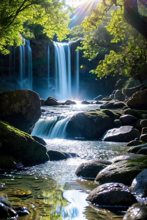 A chaotic waterfall flowing in a quiet and beautiful landscape, ray tracing, detaileded reflections, complexity, high detailed, Drama, A masterpiece of the highest quality, photorealism, detailed, 8K, HDR, Backlight, Hello, flash, chromatic aberration, sharp focus