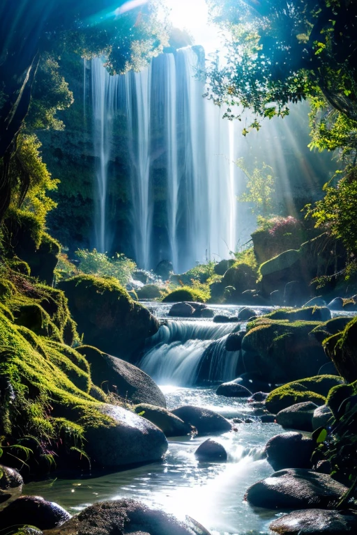 A chaotic waterfall flowing in a quiet and beautiful landscape, ray tracing, detaileded reflections, complexity, high detailed, Drama, A masterpiece of the highest quality, photorealism, detailed, 8K, HDR, Backlight, Hello, flash, chromatic aberration, sharp focus
