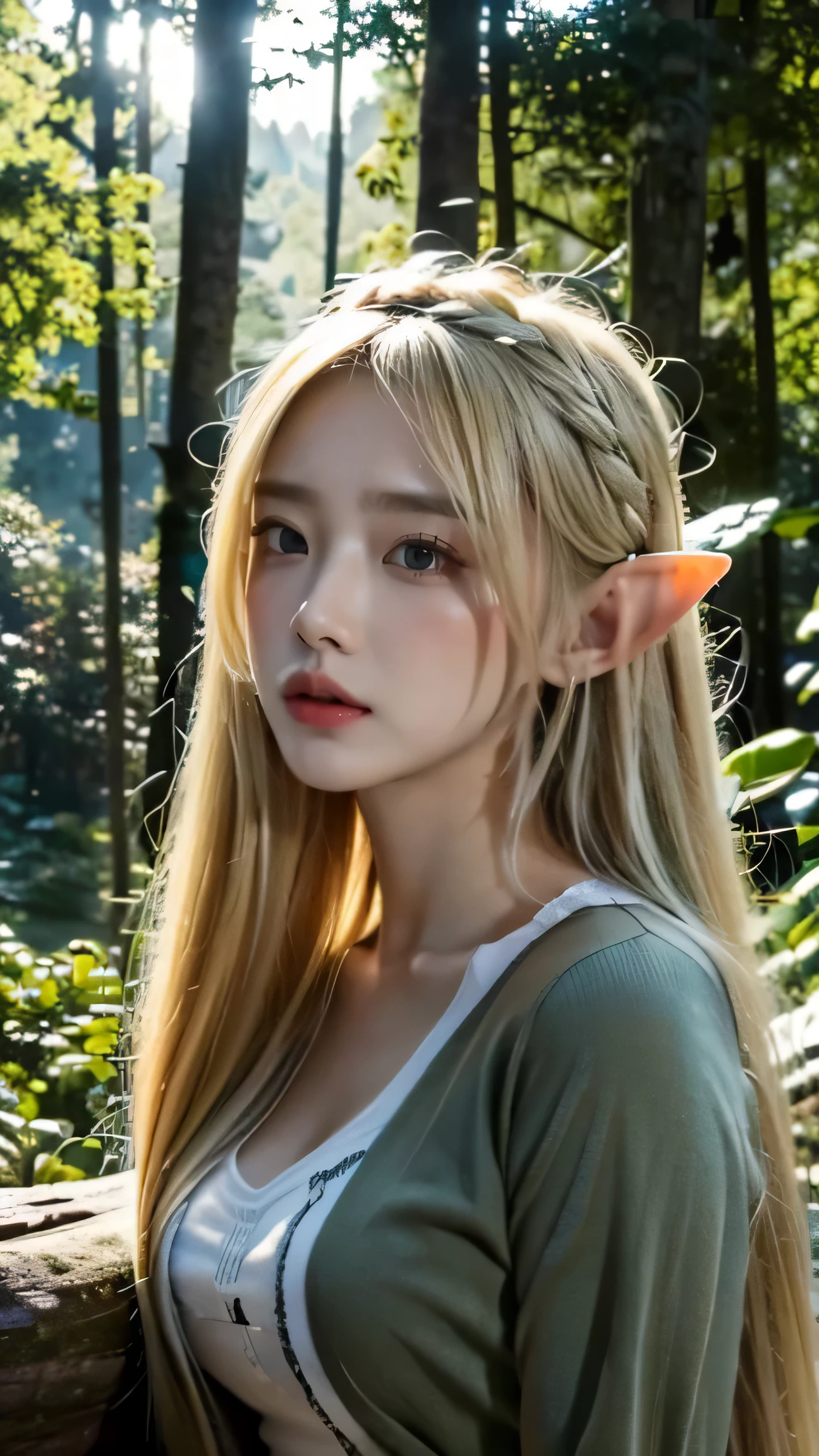 elf woman in a green dress, 1girl, white skin, diamond face shape, Hot topics on artstation, Fantasyart, portrait of an elf queen, Belle peinture de personnage, Stunning character art, Epic and beautiful character art, blond-haired princess, medieval princess, fairy queen, fantasy art style, cinematic lighting, masterpiece, accurate, anatomically correct, textured skin, super detail, high details, highres, 8k