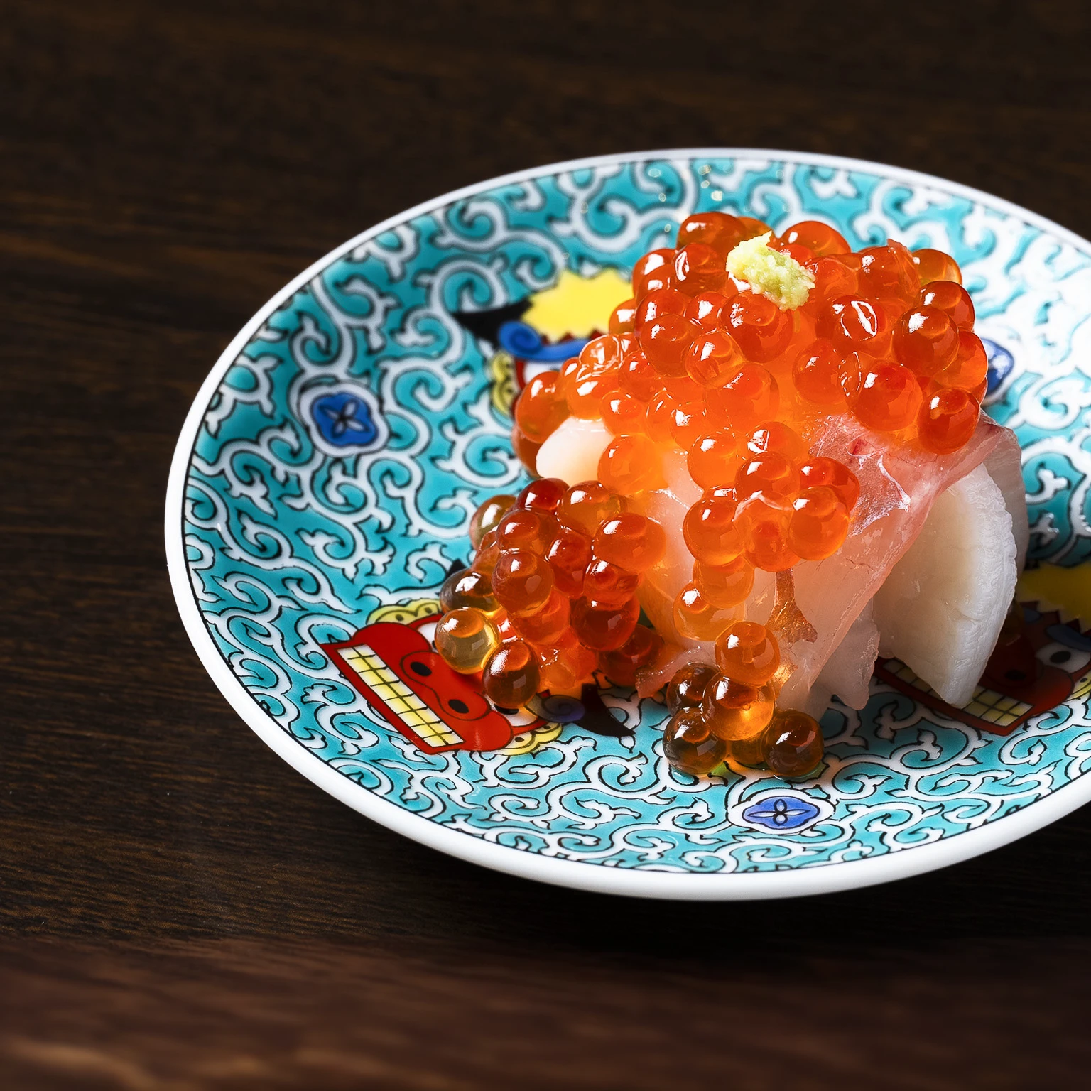 There is a plate with sushi on it., style of shuzo oshimi, red caviar instead of sand, Koji Morimoto Shinjuku, iwakura, An island made of red caviar, hajime katoki, japanese fusion cuisine, dress clothing, Shogakukan, sosaku hanga