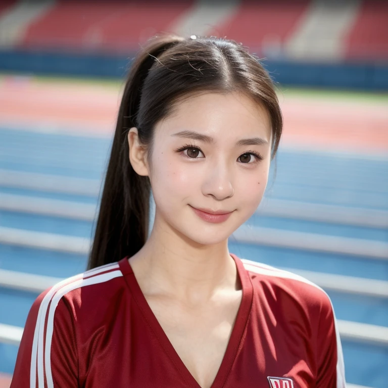 (kawaii 24 year-old Japanese girl, perfect athlete body, Nogizaka idol, Korean idol), (glossy black hair, high ponytail:1.3), bangs, (rounded face, single eyelid, no makeup, soft smiling:1.2), (wearing track suit:1.3), (flat chest), (looking at viewer:1.2), BREAK, (track and field stadium background, summer daytime, sunshine from forward:1.3), (dynamic angle:1.3), BREAK, (masterpiece, best quality, photo realistic, official art:1.4), (UHD, 8K quality wallpaper, high resolution, raw photo, film grain:1.2), (shiny skin), professional lighting, physically based rendering, award winning, (perfect anatomy, highly detailed skin textures, extremely detailed face and eyes, well drawn glittering pupils), Carl Zeiss 85 mm F/1.4, depth of field, 1girl, solo,