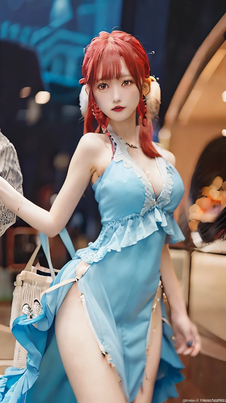 1girl, blue dress, nami, one piece, red hair, long hair, realistic, ultra detail, 70mm lens