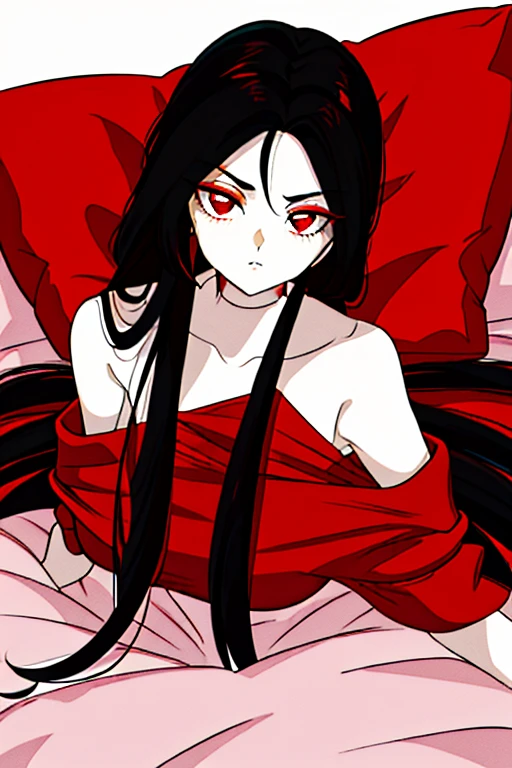 Una chica de cabello negro largo suelto, crimson red eyes. Labial rojo intenso, sombra de ojos roja , Cuerpo completo pechos muy grandes demonio, cuerpo completo completo desnuda acostada en la cama((obra maestra, minimalism))