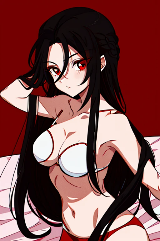 Una chica de cabello negro largo suelto, crimson red eyes. Labial rojo intenso, sombra de ojos roja , Cuerpo completo pechos muy grandes demonio, cuerpo completo completo desnuda acostada en la cama((obra maestra, minimalism))