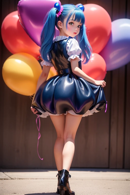 (holding balloons), (((full body))), real photo, girl, Brat female , (((drawers))), ((looking back at me)), twin tails, big ribbon, boots, blue dress, glove,