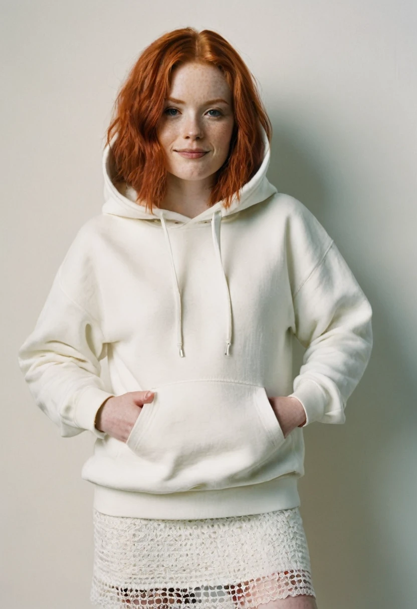 A full body front view red head woman swears an solid white ((off-hoodie)) sweatshirt with a front pocket. She also wears a crochet white skirt.The (((background is solid white)), smiling, cinematic, kodak portra 400.
