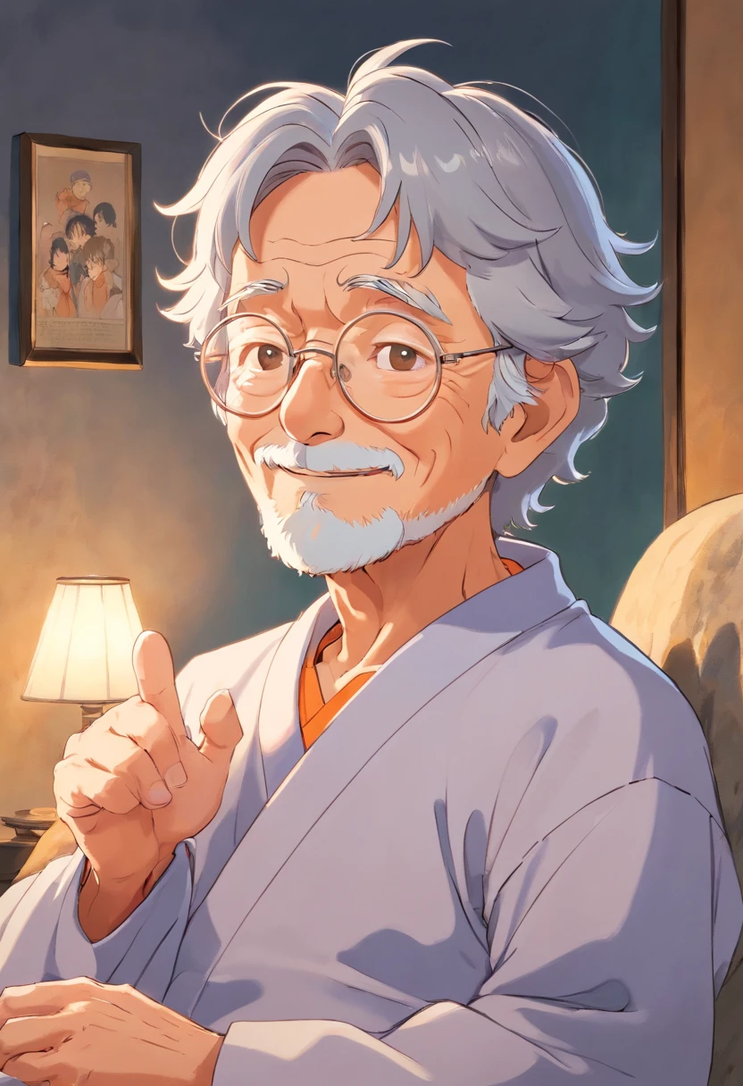 Anime, friendly old wrinkled man, with wavy gray hair, wearing light orange pajamas, wearing silver glasses, wise, and compassionate.
