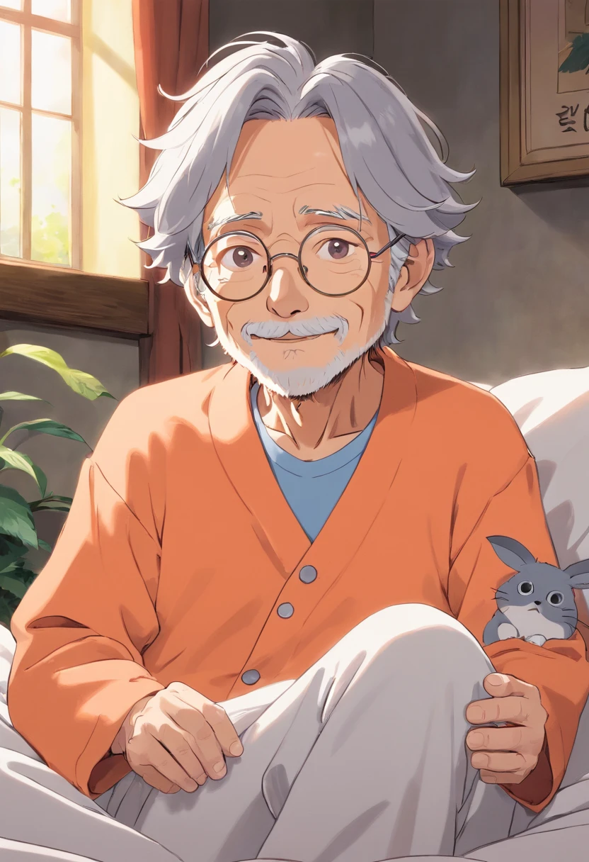 Anime, friendly old wrinkled man, with wavy gray hair, wearing light orange pajamas, wearing silver glasses, wise, and compassionate.
