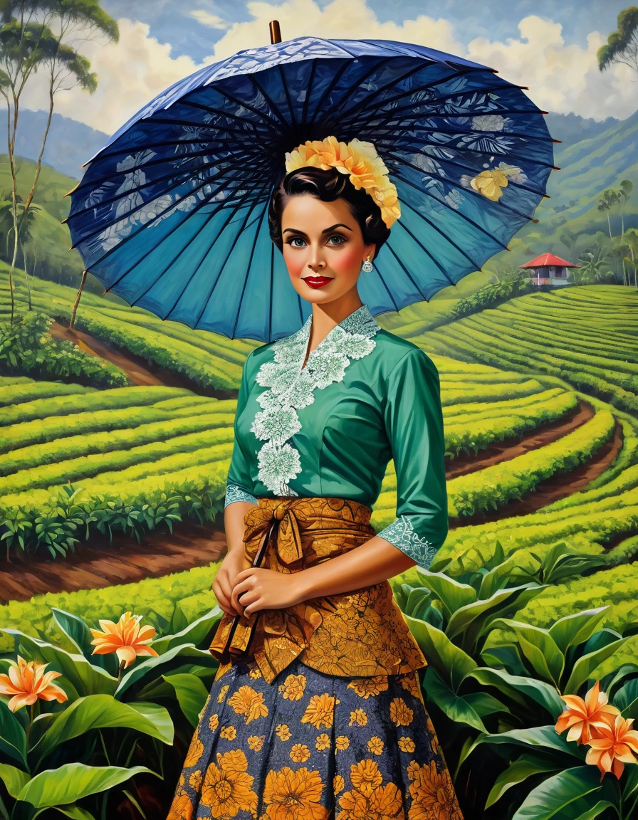 A dutch lady donning kebaya noni and batik skirt with flower motif with the iconic exotic beautiful Tasikmayala paper umbrella, at her tea plantation in Pangalengan, looking at the viewer, cinematic 1924's fashion style, photo realistic oil on canvas painting, insanely detalied and intricate tea plantation background