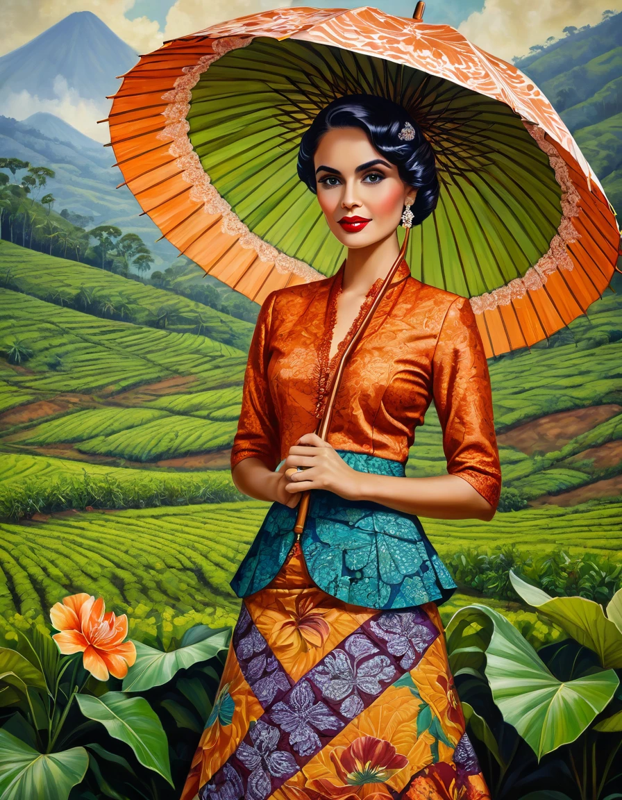 A dutch lady donning kebaya noni and batik skirt with flower motif with the iconic exotic beautiful Tasikmayala paper umbrella, at her tea plantation in Pangalengan, looking at the viewer, cinematic 1924's fashion style, photo realistic oil on canvas painting, insanely detalied and intricate tea plantation background