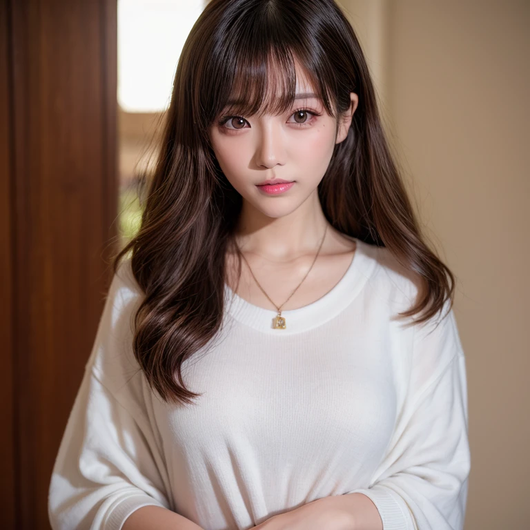 medium hair, flipped hair, bangs, brown hair, shiny hair, blush, tears, parted_lips, large_breasts, midriff, thighs, brown eyes, wet skin, choker,
