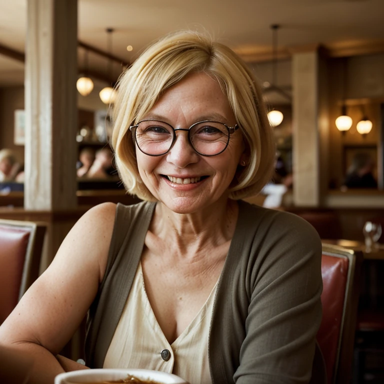 75 years-old woman, old-fashioned, with blonde bob hair, smiling, wearing a glasses, at a restaurant, realistic