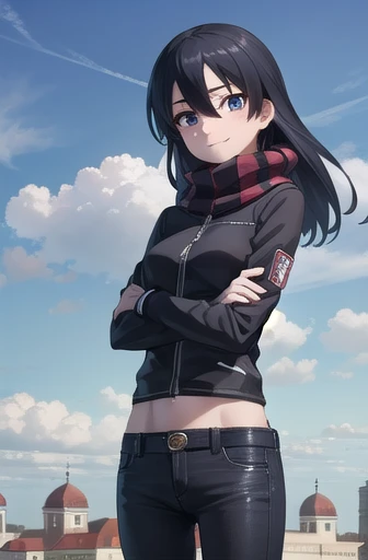 agkkurome, kurome, longer hair, black hair, (black eyes:1.3), hair between eyes, cute face, smile, blush
BREAK jeans, zipped jacket, scarf, arm warmers, arms crossed, midriff peek
BREAK city, sky, clouds, palace courtyards
BREAK looking at viewer, (cowboy shot:1.5), wind, wind blowing
BREAK (masterpiece:1.2), best quality, high resolution, unity 8k wallpaper, (illustration:0.8), (beautiful detailed eyes:1.6), extremely detailed face, perfect lighting, extremely detailed CG, (perfect hands, perfect anatomy)