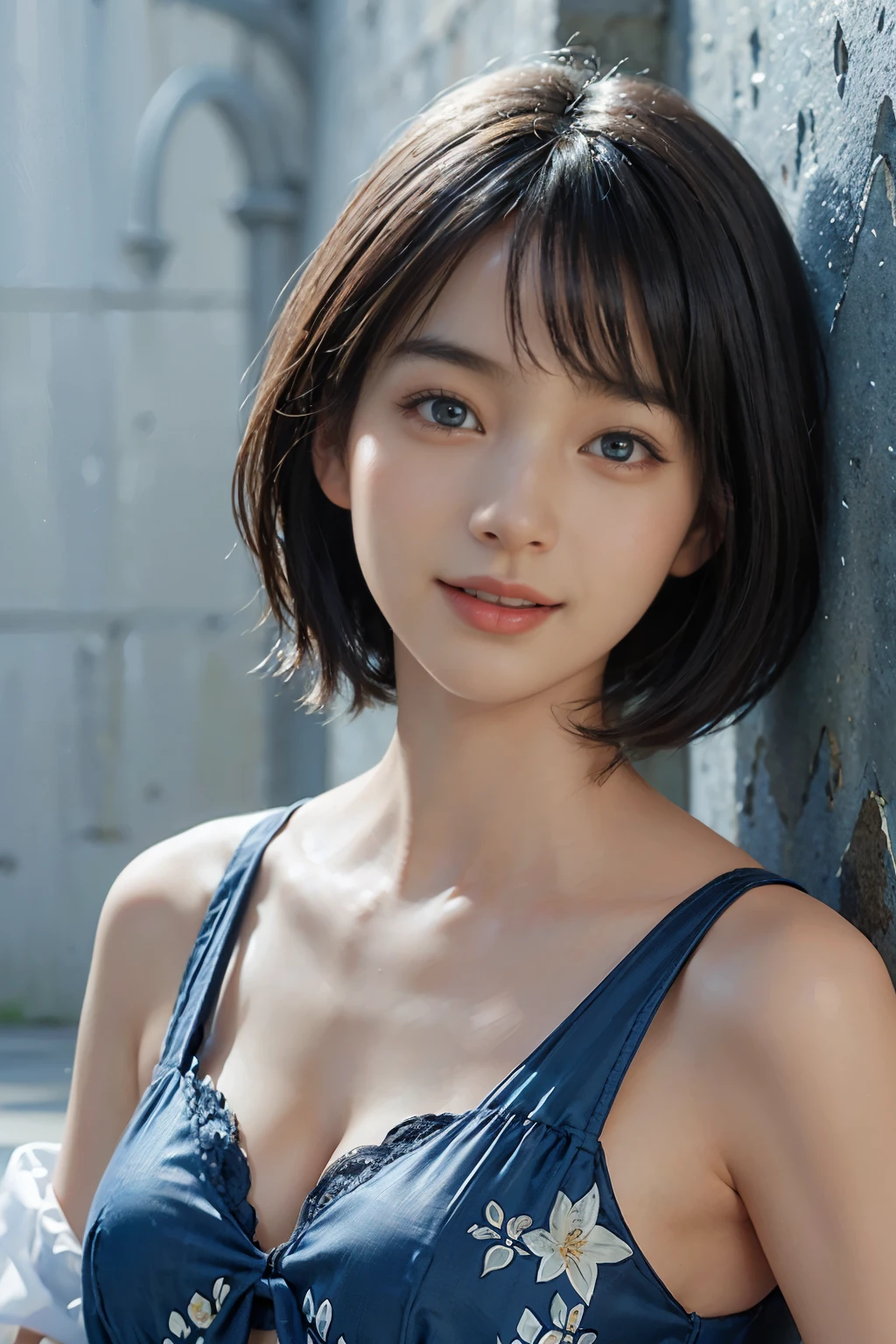 (A hyper-realistic), (illustration), (hight resolution), (8K), (highly detailed), (The best illustrations), (detailed face), (beautiful detailed eyes), (top-quality), (masterpiece), (wall-paper), Upper body close-up, short hair,inner colored, solo, Girl in simple blue underwear, plump breasts, smile