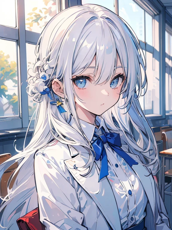 (best quality:1.3), (masterpiece:1.3), (illustration:1.3), (ultra-detailed:1.3), (imid shot:0.9), (Detailed Eye), Matured Girl, A girl, White haired, (Long hairstyle), Eyes Azur, Wearing Blue blazer coat, under neat White long shirt with Ribbon on it, Classroom Japanese culture, Front of the Window Classroom, wild smug looking at Front close,