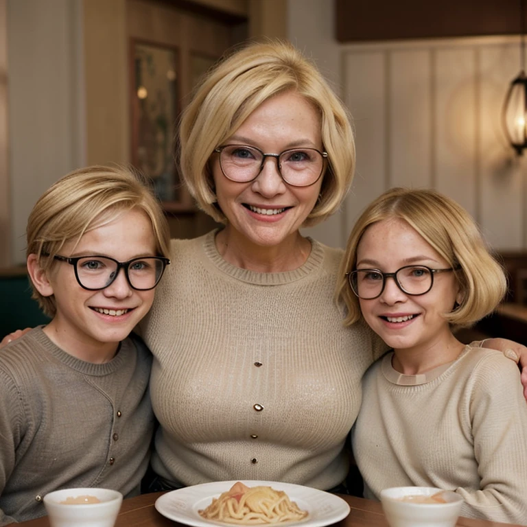 75 years-old woman, old-fashioned, with blonde bob hair, smiling,  wearing a glasses, at a restaurant, with two little boy, one has blonde hair, and the other has dark brown hair, both are not wearing glasses, realistic
