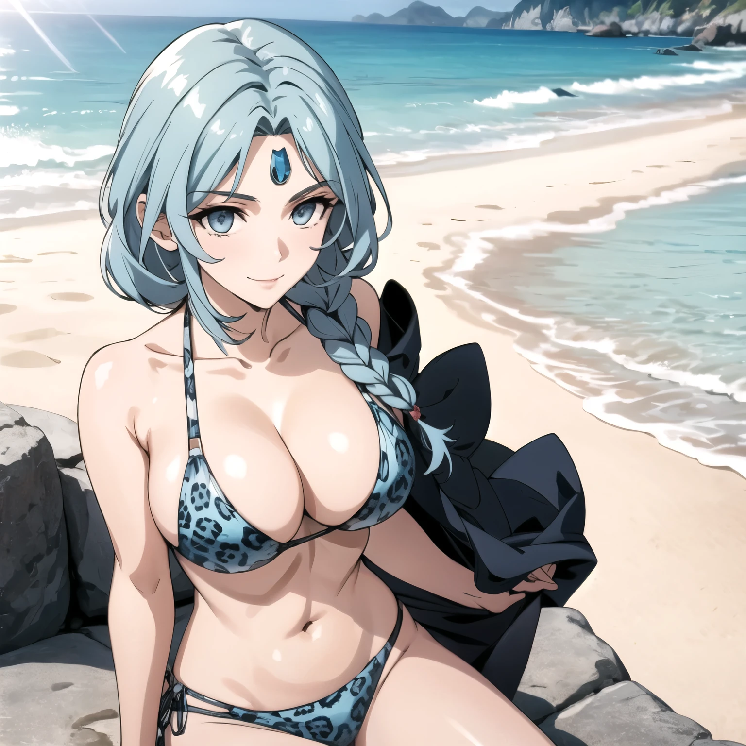 beautiful woman 25 years old braided light blue hair light skin, a jewel on his forehead pale skin, sonrisa feliz, pechos medianos, light blue jaguar design bikini, . fondo una playa, alta calidad. una sola mujer. mujer sola.