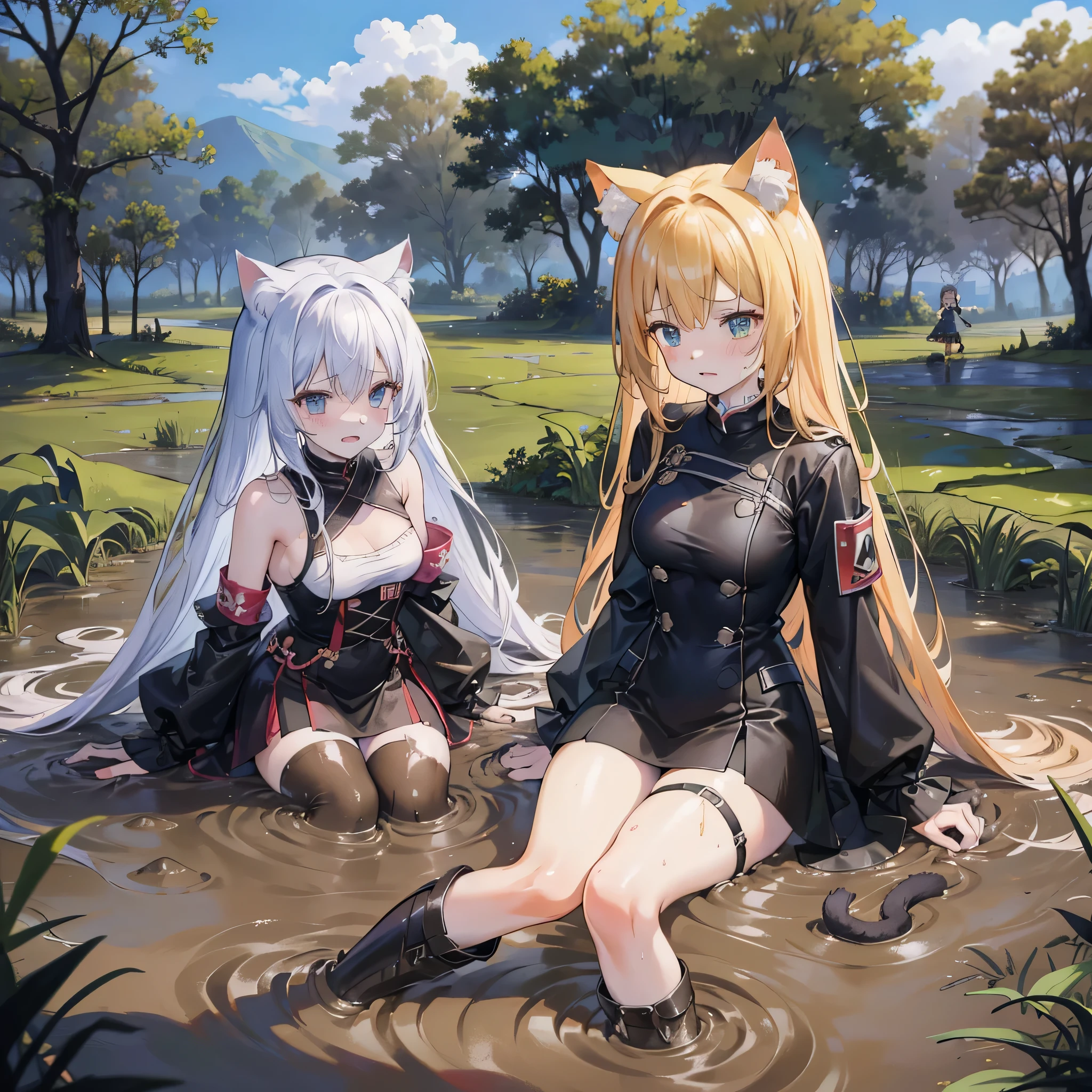 （best quality)，（detailed), (two girls），Struggling in the muddy swamp, Legs stuck in the mud, covered in mud, With an expression of despair，a cat&#39;Tail，Cat ears grow on top of head，black boots，double tail，medium breasts，Jie Kang ，combat uniform