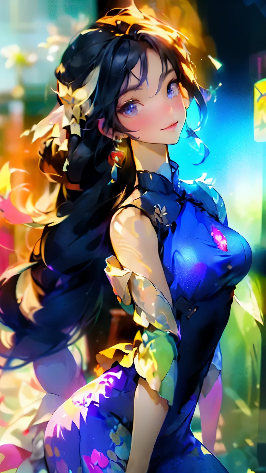 (masterpiece), (best quality), (ultra detailed),(illustration), (1girl), ((small breast:1.5)),(Wearing a Unique Aodai ), Fashion model, looking at viewer, (interview), (simple background),beautiful detailed eyes, delicate beautiful face,(high saturation),(colorful splashes),colorful bubble,(shining), focus on face, (( Jet hair)), bangs ,(( shoulder lenght hairs:1.5 )).Girl, anime waifu,((small breast:1.5)), highlydetailed, reflections transparent iridescent colors, long transparent iridescent RGB hair, artby Serafleur from artstation, thick acrylic，illustration on pixiv, waist up portrait, gorgeoussacred girl, best quality, ultra detailed,sad,clever,beautiful face , beautiful lighton black background, Character stvle renderedby Octane,cute emotion, cute smile,((Egyptian Blue unique Aodai)),(( Ultra Violet Aodai mofits pattern))