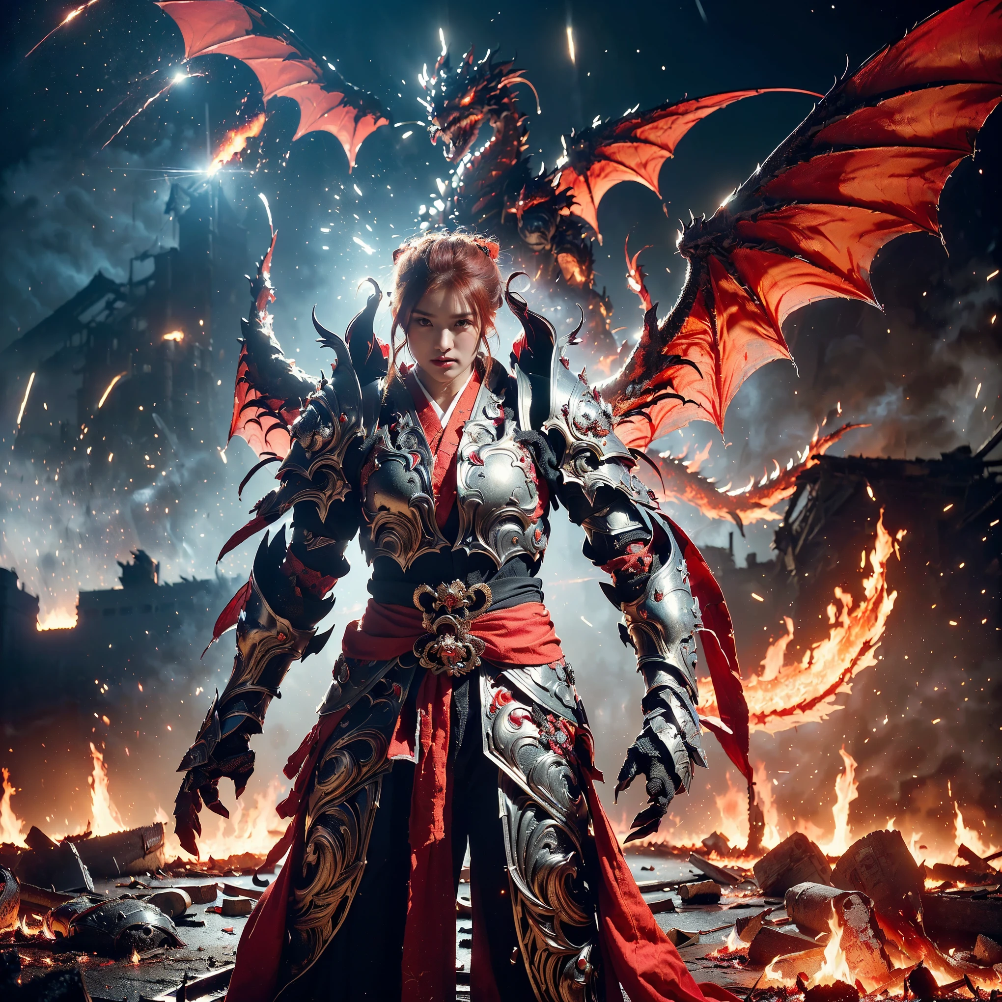 (((Realistic, masterpiece, best quality, crisp detail, high definition, high detail, very rich detail, sharp focus, sharp detail, colorful, rich color, perfect studio lightning))), ((20 years old, beautiful goddes of destructions, red hair)),(((in the middle of war, epic war scene, offensive stance))), wearing (((beautiful decorated golden heavy armor, fire dragon armor, decorated full body armor, fully armored beautiful kimono, wide fire wings))), (holding giant fire), (((blood everywhere, death everywhere, japan bakumatsu period, dead bodies, fire demons, burnt japanese castle, fire dragons, kaiju,meteor shower, red aurora)) flooded by molten lava traditional village background), heavy fire rain,