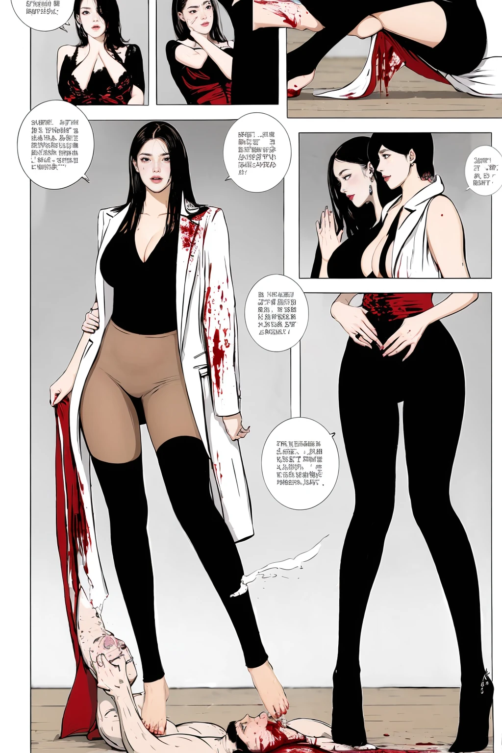 comic storyboard,anatomically correct,1beautiful girl, long hair,smile,barefoot,lace top,sexy, shiny leggings, thin gap,camel toe,high heels,cleavage,crossed legs,large breasts,leg tattoo,long hair,smile,toenails,) standing,trample,cuts,defloration,indoor,couple,femdom,hetero,saliva , mucus,femdom,blood on clothes,blood on hands,blood splatter,open mouth,kneeling man,sit,trembling man,dead man,sit,bruise man,lying man,man cum,bleeding man,(masterpiece, best quality:1.2)