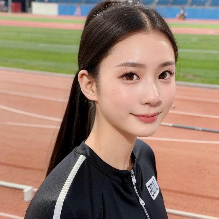 (kawaii 24 year-old Japanese girl, perfect athlete body, Nogizaka idol, Korean idol), (glossy black hair, high ponytail:1.3), (bangs), (rounded face, single eyelid, no makeup, soft smiling:1.2), (wearing track suit:1.3), flat chest, (looking at viewer:1.2), BREAK, (track and field stadium background:1.3), summer, daytime, sunlight from forward, (dynamic angle:1.3), BREAK, (masterpiece, best quality, photo realistic, official art:1.4), (UHD, 8K quality wallpaper, high resolution, raw photo, film grain:1.2), (shiny skin), professional lighting, physically based rendering, award winning, (perfect anatomy, highly detailed skin textures, extremely detailed face and eyes, well drawn glittering pupils), Carl Zeiss 85 mm F/1.4, depth of field, 1girl, solo,