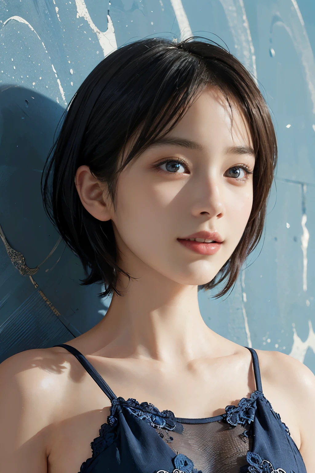 (A hyper-realistic), (illustration), (hight resolution), (8K), (highly detailed), (The best illustrations), (detailed face), (beautiful detailed eyes), (top-quality), (masterpiece), (wall-paper), Upper body close-up, short hair,inner colored, solo, Girl in simple blue underwear, plump breasts, smile