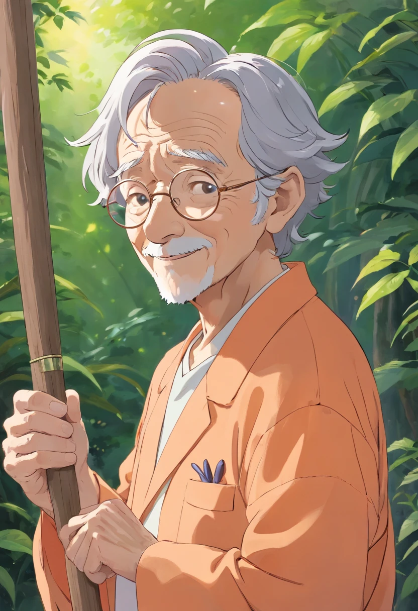 Anime, friendly old wrinkled man, with wavy gray hair, wearing light orange pajamas, wearing silver glasses, wise, and compassionate, with cane.