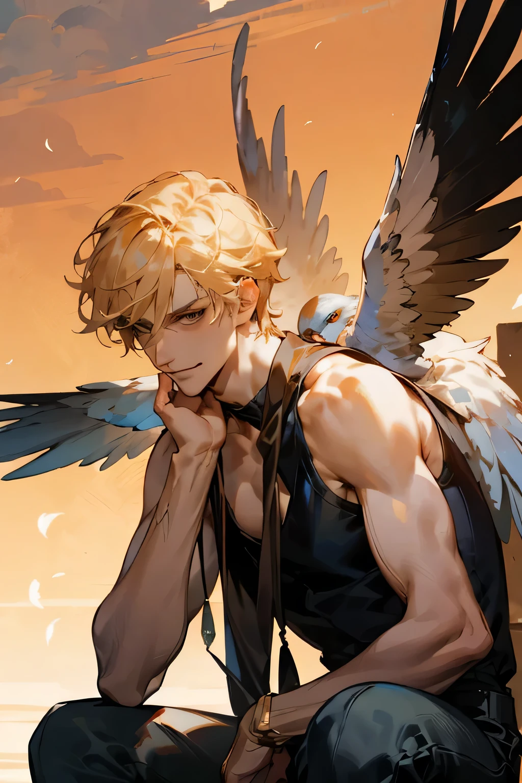 smirking, handsome smirk, hair swept upwards, strands of bangs, blue feathers in hair, blue feathers on shoulders, ikemen, pixiv