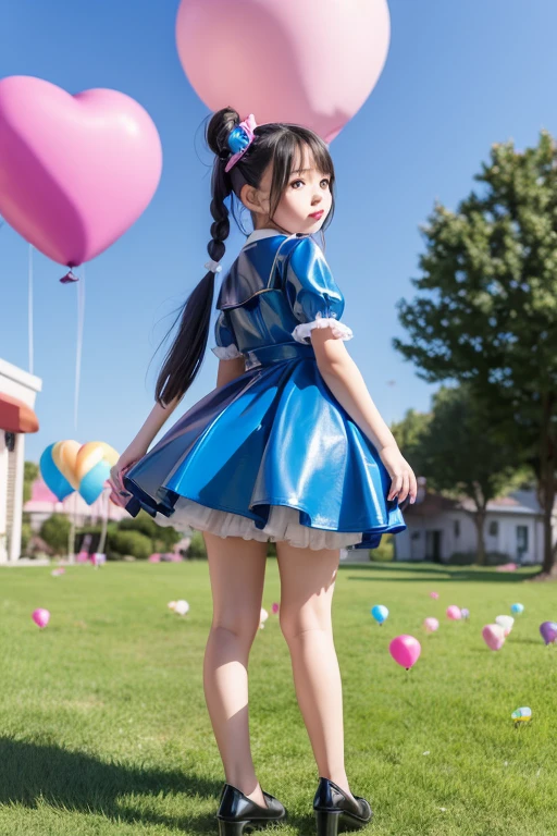 a 11 years old girl, ((having a lot of balloons)) , real photo, (((full body))), (looking back at me), twin tails, (skyblue leather dress), epron,