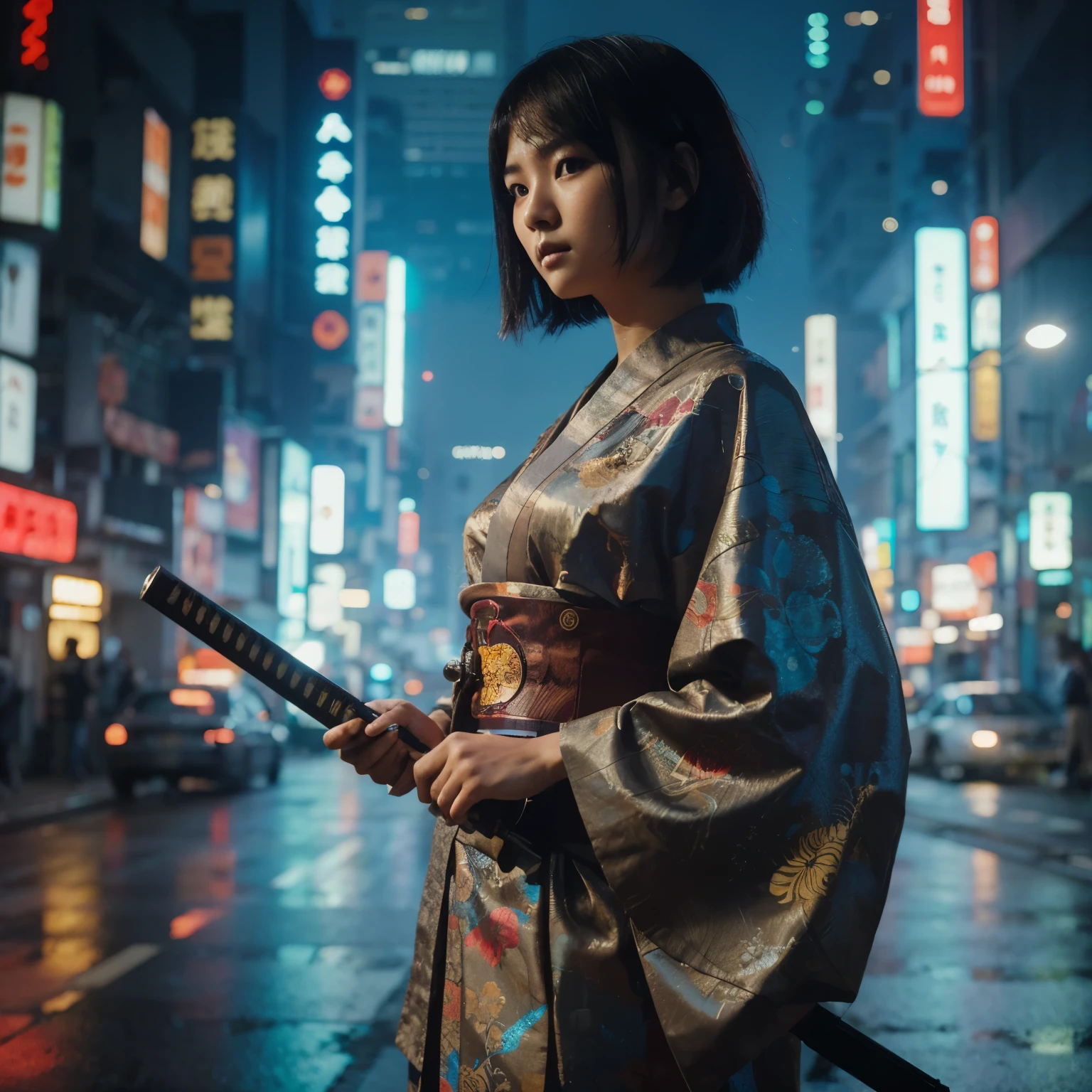 full-body shoot photography, Cyberpunk style. an Indonesian woman with a round face, short hair, 20 years old, flat face, wearing a kimono. carrying a sword. Japanese cyberpunk night background. photo up to the feet. hyperrealistic photography, RAW, cinematic style, turned to the camera
