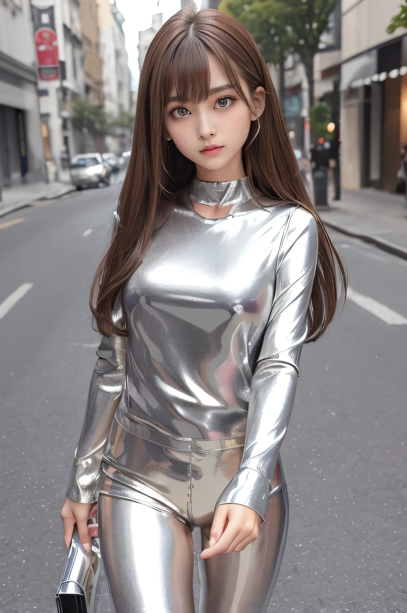 Angelic Very beautiful cute girl,,
Beautiful detailed eyes,
Detailed double eyelids,
(Large eyes:1.4),
Long straight brown hair,
see-through bangs,
Sharp Focus,small straight nose,
beautiful detailed face and eyes,
drooping eyes,
(Soft Saturation: 1.3), (Fair skin: 1.2),BREAK (Super Shiny metallic silver short pants:1.3),
( Super shiny Metallic silver fashionable long sleeves tops:1.4) , (Super shiny pantyhose:1.4) ,(costume with strong refrective surfaces:1.5), Walking,
Costume lighting,
In the street ,
(Brown hair:1.3)