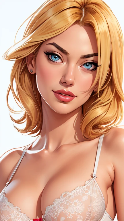 Sensual lingerie outfit Sensual secretary in Artline Yvonne Strahovski Cartoon style with waist to head portrait image with medium to large breasts seductive eyes style sensual lips digital illustration white background sensitive light filter