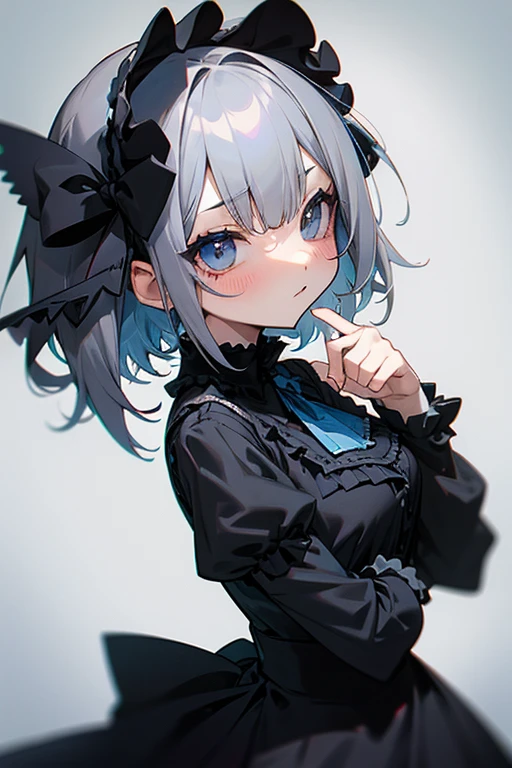 short gray hair, blush, Gothic Lolita、punk fashion、Headbang 2.、Blue and black clothes、