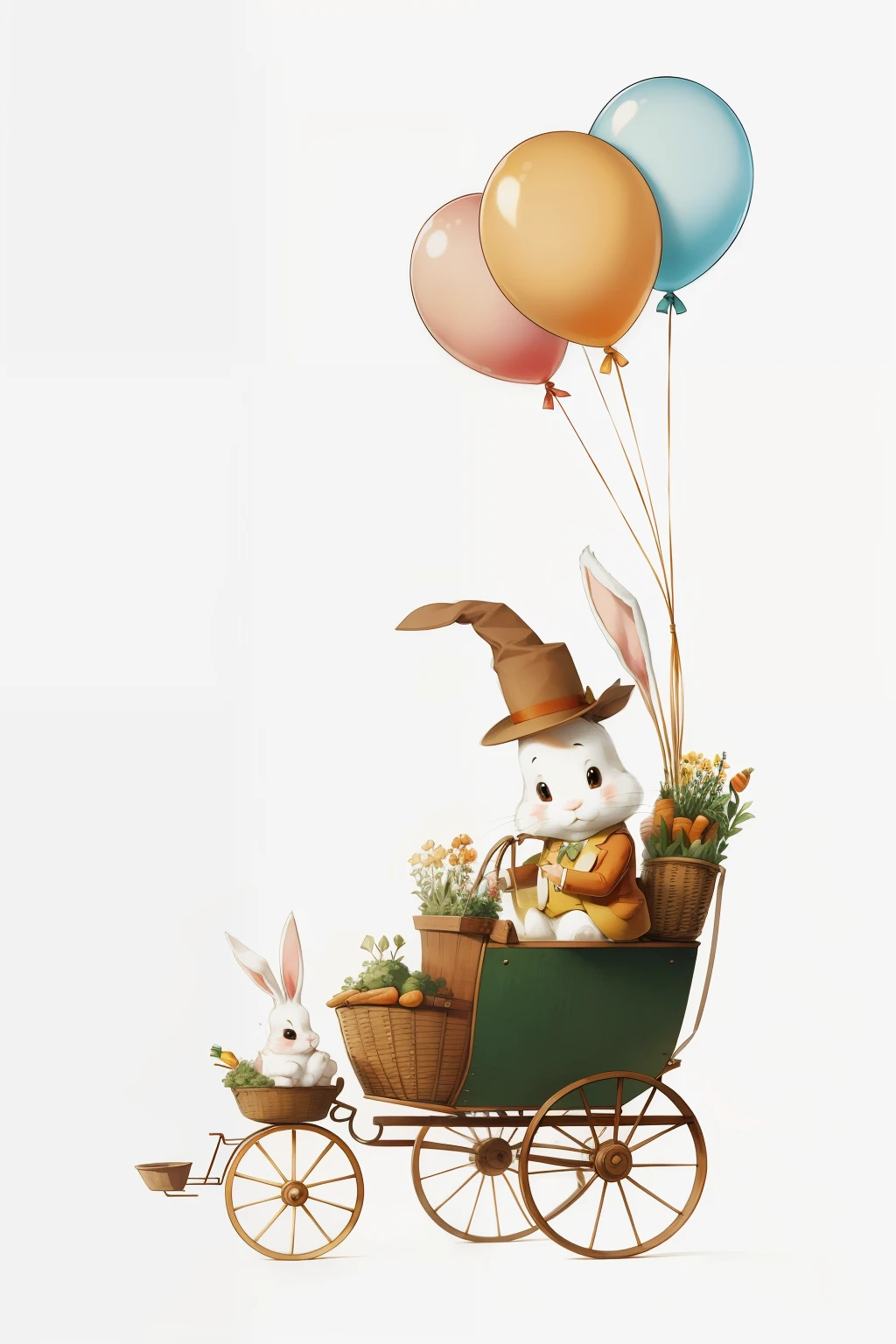 In this delightful illustration, a playful rabbit is depicted in the driver's seat of a quaint, miniature carrot cart. The cart is rigged up with a sturdy, red-and-white checked harness, pulling a ripe, orange carrot as its cargo. A catchy balloon, filled with sunny yellow air, is securely tied to the back of the cart, adding a touch of whimsy and excitement to the scene.
The rabbit wears a jaunty little hat, cocked to one side, and the corners of its mouth turn up in a mischievous grin. Its expressive, gentle eyes twinkle with anticipation as it