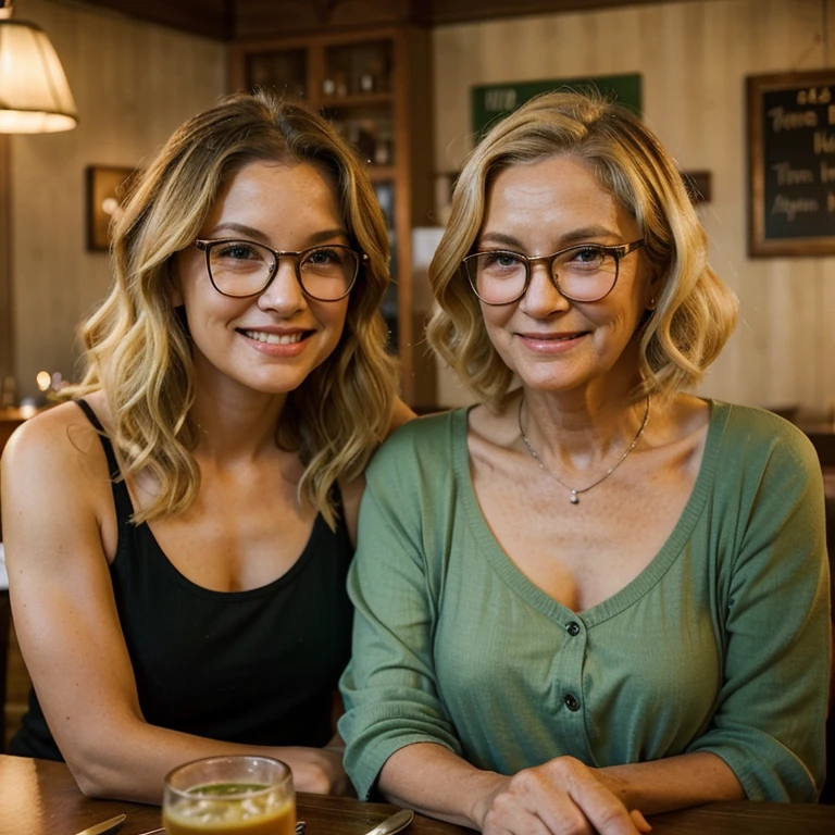 75 years-old woman, old-fashioned, with blonde bob hair, smiling, wearing a glasses, at a restaurant, with her 75 years-old female friend that has long curly brown hair and green eyes, realistic