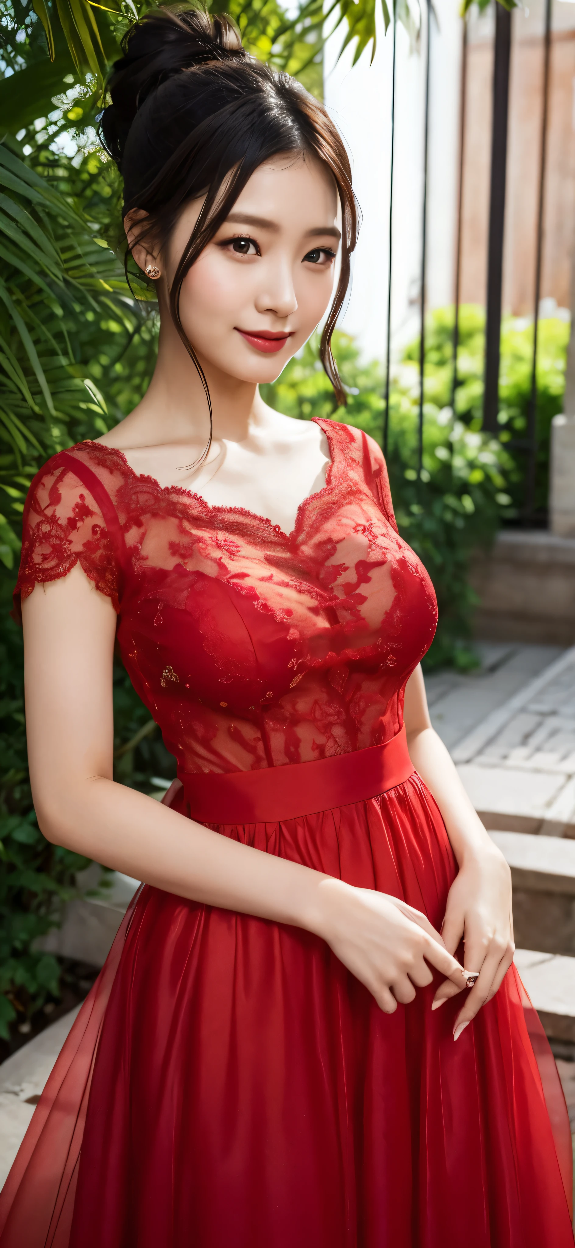 1girl,baiyi,large breasts,red lips,smile,ponytail,realistic, 1 girl, indonesian girl, 23 years old, (black hair super-long 1 meters), (very beautiful face, very sweet, sharp eyes like an angel from heaven ), (beautiful hair), actress, smile, shiny skin, best quality, masterpiece, (photorealistic:1.4), terrace seating, asian, indonesian, jakarta, denim long skirt (realistic fabric), white short sleeves (cotton fabric), (no logo), thin fingers, a woman in a red dress posing for a picture in a courtyard, a picture by Emma Andijewska, tumblr, tachisme, sexy gown, opened dress, wearing an elegant dress, fantasy long intricate gown, sexy dress, dressed beautiful gown, red gown, wearing a magnificent dress, dressed in red lace, translucent dress, extravagant dress, see through dress