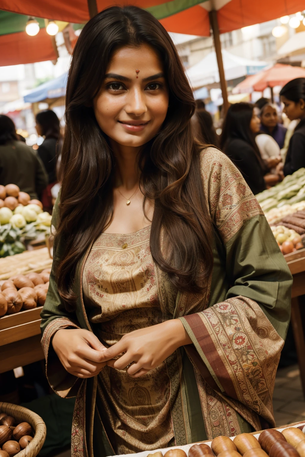 (Masterpiece: 1.1), Detailed description: In the heart of an Indian market, a very tall girl with long, dark, wavy hair and expressive, olive-toned eyes scans through intricately patterned textiles piled high on a short girl's table. The short girl, no more than five feet tall, has chestnut-brown skin and a warm, welcoming smile. With her hands cradling a small bundle of colorful fabrics, she expertly assists the tall girl as she selects items, their exchange brimming with mutual respect and understanding. The market scene is alive with bustling activity, vibrant colors, and the tantalizing aromas