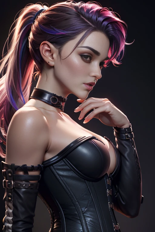 photo of celebrity, RAW, beautiful woman, ((portrait)), ((detailed face, colorful rainbow hair:1.2)), ((detailed facial feature, detailed skin, clear skin, parted lips), (perfect proportioned body, medium breasts, side boob), (wearing choker, bounty hunter outfit, corset, bare shoulders, thigh high boots, pale skin, dark makeup: 1.5)), (high detailed pub, her side to us, sideview, looking at viewer: 1.3), (realistic photo, best quality, detailed), (8k wallpaper), (cinematic lighting, dramatic lighting) (sharp focus, intricate)