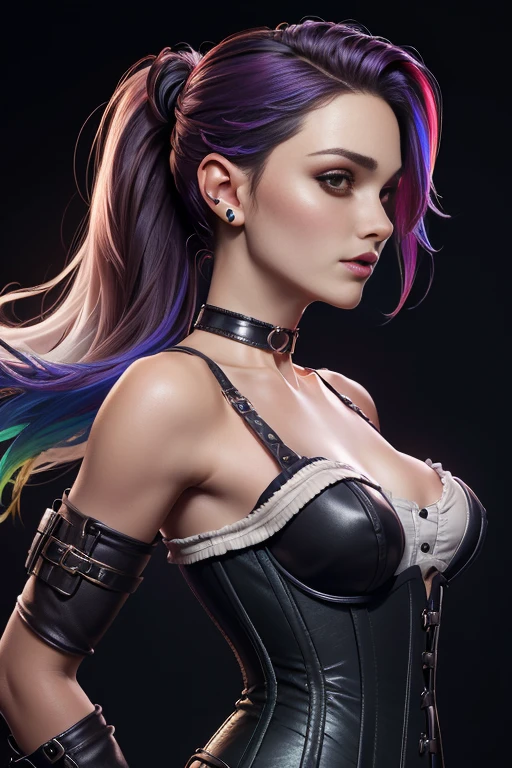 photo of celebrity, RAW, beautiful woman, ((portrait)), ((detailed face, colorful rainbow hair:1.2)), ((detailed facial feature, detailed skin, clear skin, parted lips), (perfect proportioned body, medium breasts, side boob), (wearing choker, bounty hunter outfit, corset, bare shoulders, thigh high boots, pale skin, dark makeup: 1.5)), (high detailed pub, her side to us, sideview, looking at viewer: 1.3), (realistic photo, best quality, detailed), (8k wallpaper), (cinematic lighting, dramatic lighting) (sharp focus, intricate)