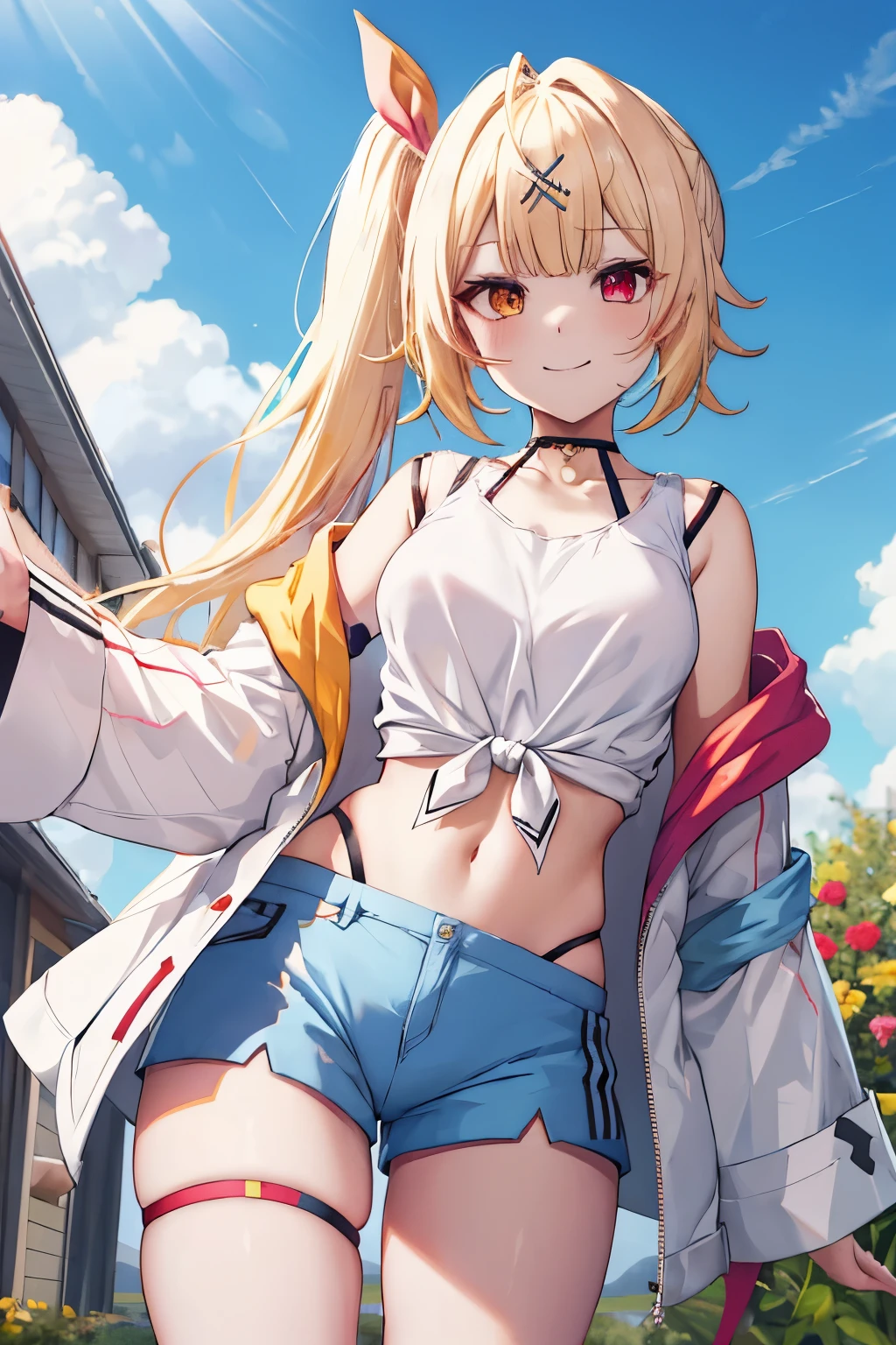 masterpiece, best quality, highres, hs1, red eyes, yellow eyes, side ponytail, x hair ornament, thigh strap, blue shorts, front-tie top, hair ribbon, midriff, short shorts, panty straps, white shirt, black choker, open jacket, cowboy shot, standing, smile, outdoors, garden