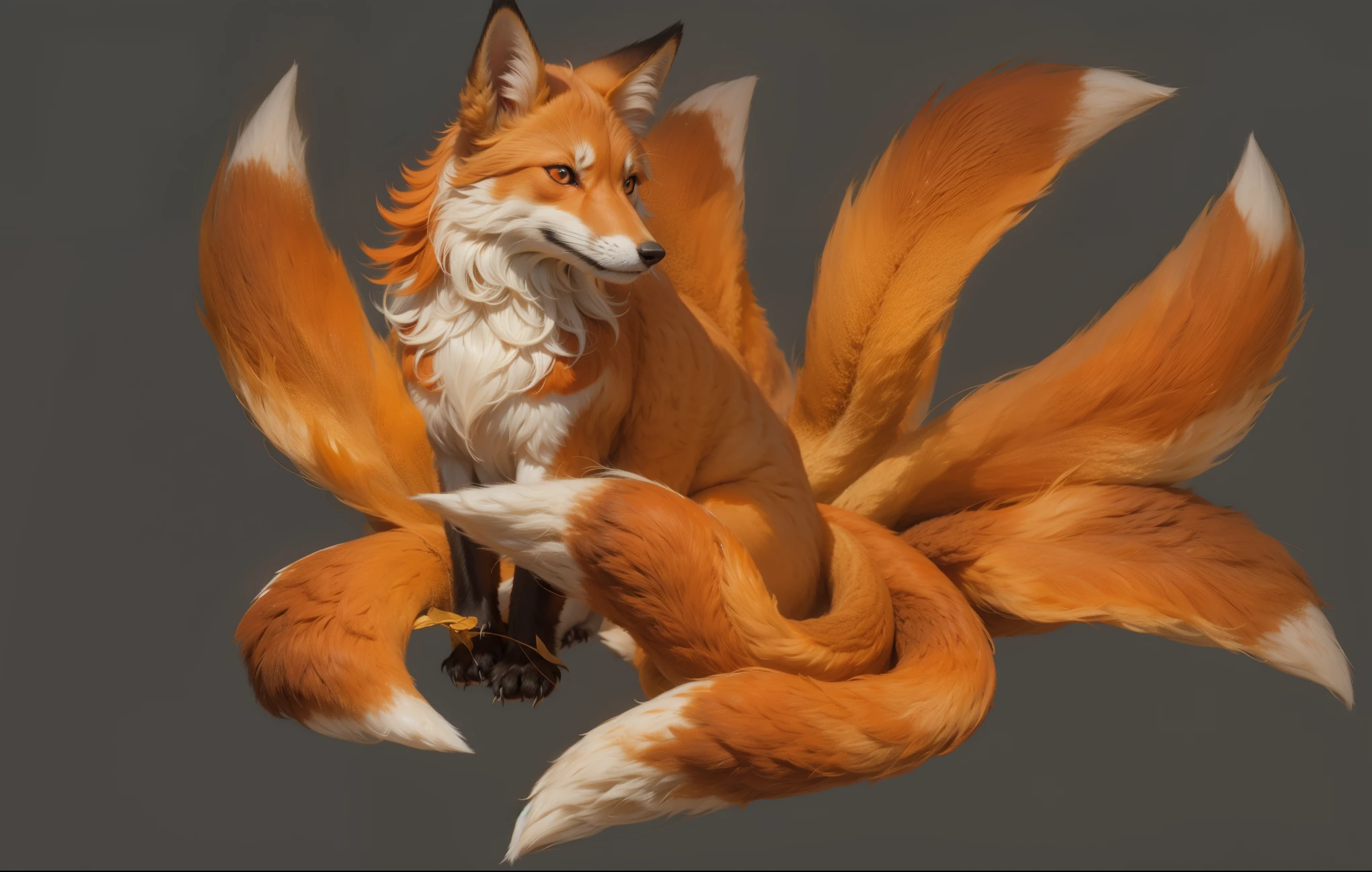 One red fox, yellow eyes、I can only see two legs、8 tails,A fluffy tail with good fur、only one nose、Eyes are completely identical and symmetrical, only two ears, sitting, Joni Johnson Godsin Hepler style