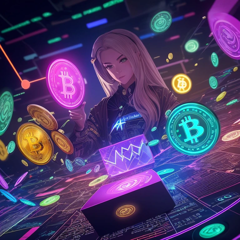 En un mundo digital futurista, Cryptocurrency has established itself as the main form of financial transaction. The female character Etherius is a cryptographic entity that manifests as a humanoid being with a body filled with complex mathematical symbols and patterns... Each Etherius NFT is unique, showing subtle variations in its design that reflect the fluctuations of the cryptocurrency market. Con brillo intenso y colores vibrantes., Etherius epitomizes the digital financial revolution that changed the world forever, Inspiring a promising technological future.  