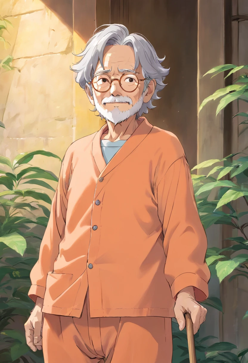Anime, friendly old wrinkled man, with wavy gray hair, wearing light orange pajamas, wearing silver glasses, wise, and compassionate, with cane.