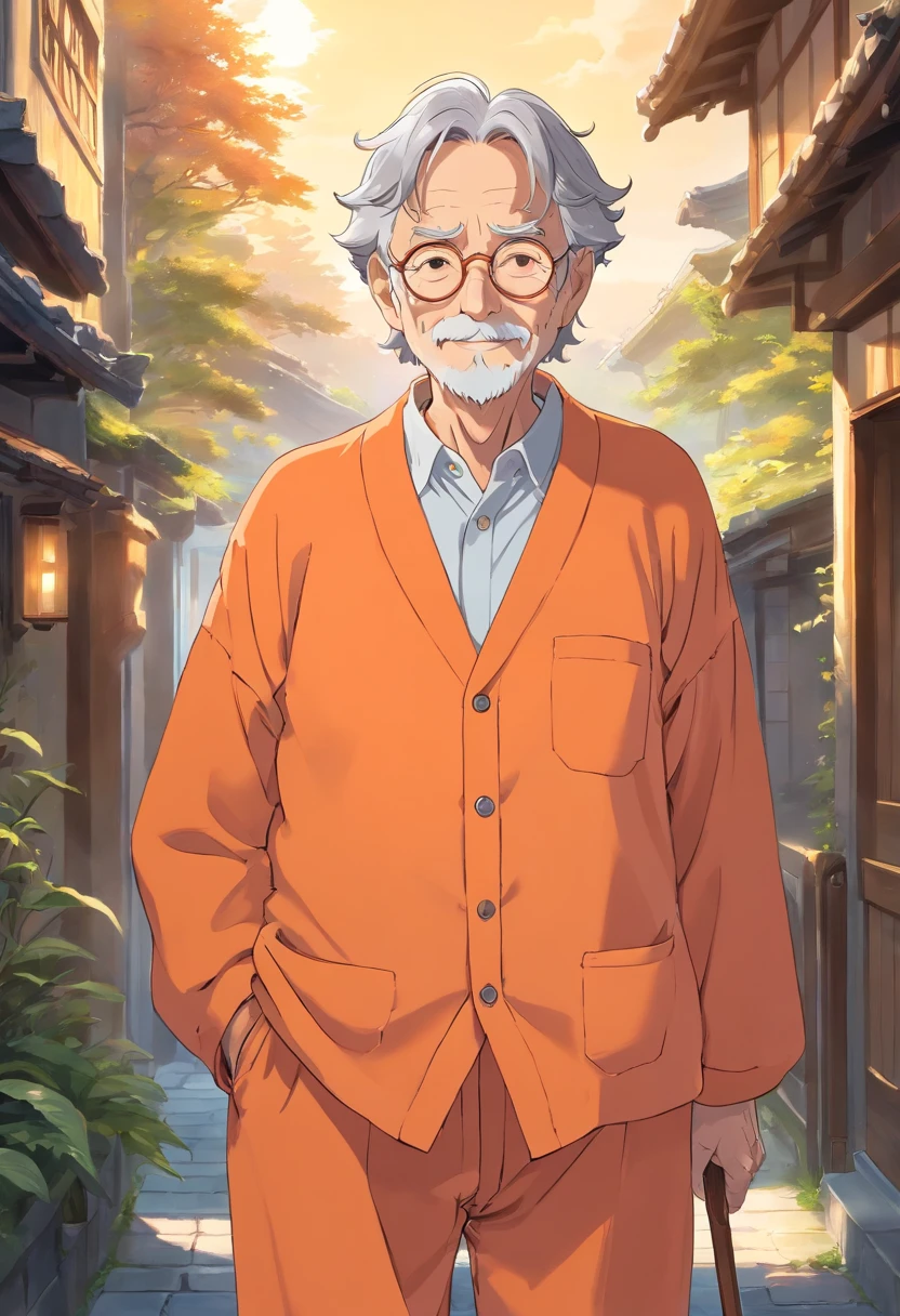 Anime, friendly old wrinkled man, with wavy gray hair, wearing light orange pajamas, wearing silver glasses, wise, and compassionate, with cane.