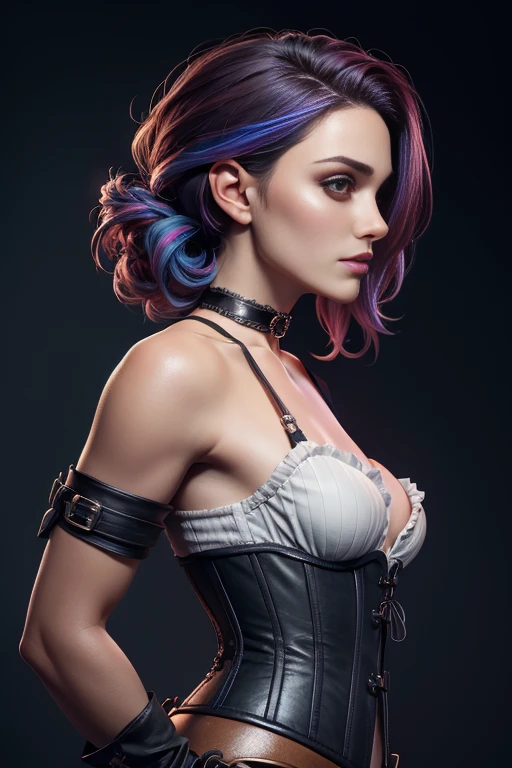photo of celebrity, RAW, beautiful woman, ((portrait)), ((detailed face, colorful rainbow hair:1.2)), ((detailed facial feature, detailed skin, clear skin, parted lips), (perfect proportioned body, medium breasts, side boob), (wearing choker, bounty hunter outfit, corset, bare shoulders, thigh high boots, pale skin, dark makeup: 1.5)), (high detailed pub, her side to us, sideview, looking at viewer: 1.3), (realistic photo, best quality, detailed), (8k wallpaper), (cinematic lighting, dramatic lighting) (sharp focus, intricate)